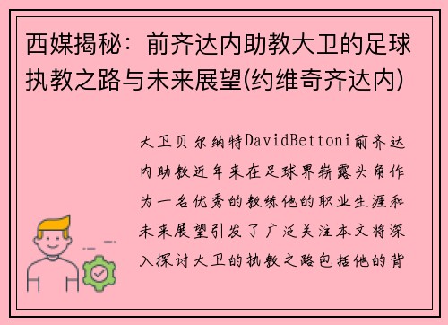 西媒揭秘：前齐达内助教大卫的足球执教之路与未来展望(约维奇齐达内)