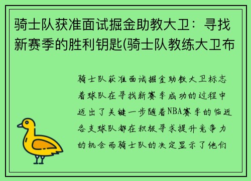 骑士队获准面试掘金助教大卫：寻找新赛季的胜利钥匙(骑士队教练大卫布拉切)