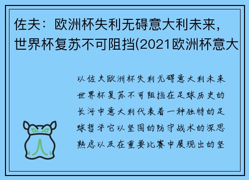 佐夫：欧洲杯失利无碍意大利未来，世界杯复苏不可阻挡(2021欧洲杯意大利独赢)