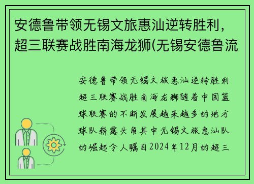 安德鲁带领无锡文旅惠汕逆转胜利，超三联赛战胜南海龙狮(无锡安德鲁流体控制有限公司)