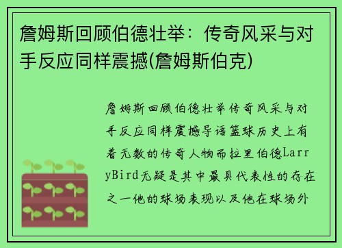 詹姆斯回顾伯德壮举：传奇风采与对手反应同样震撼(詹姆斯伯克)